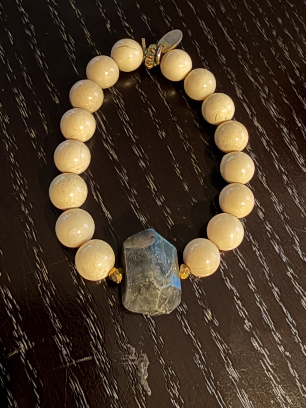 Beige Beaded Bracelet with Gray Stone Accent